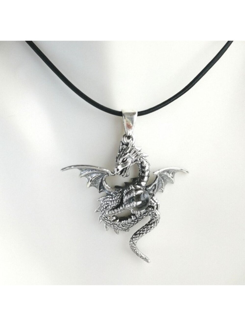 Flying Dragon quartz ball sterling silver pendant necklace Goth